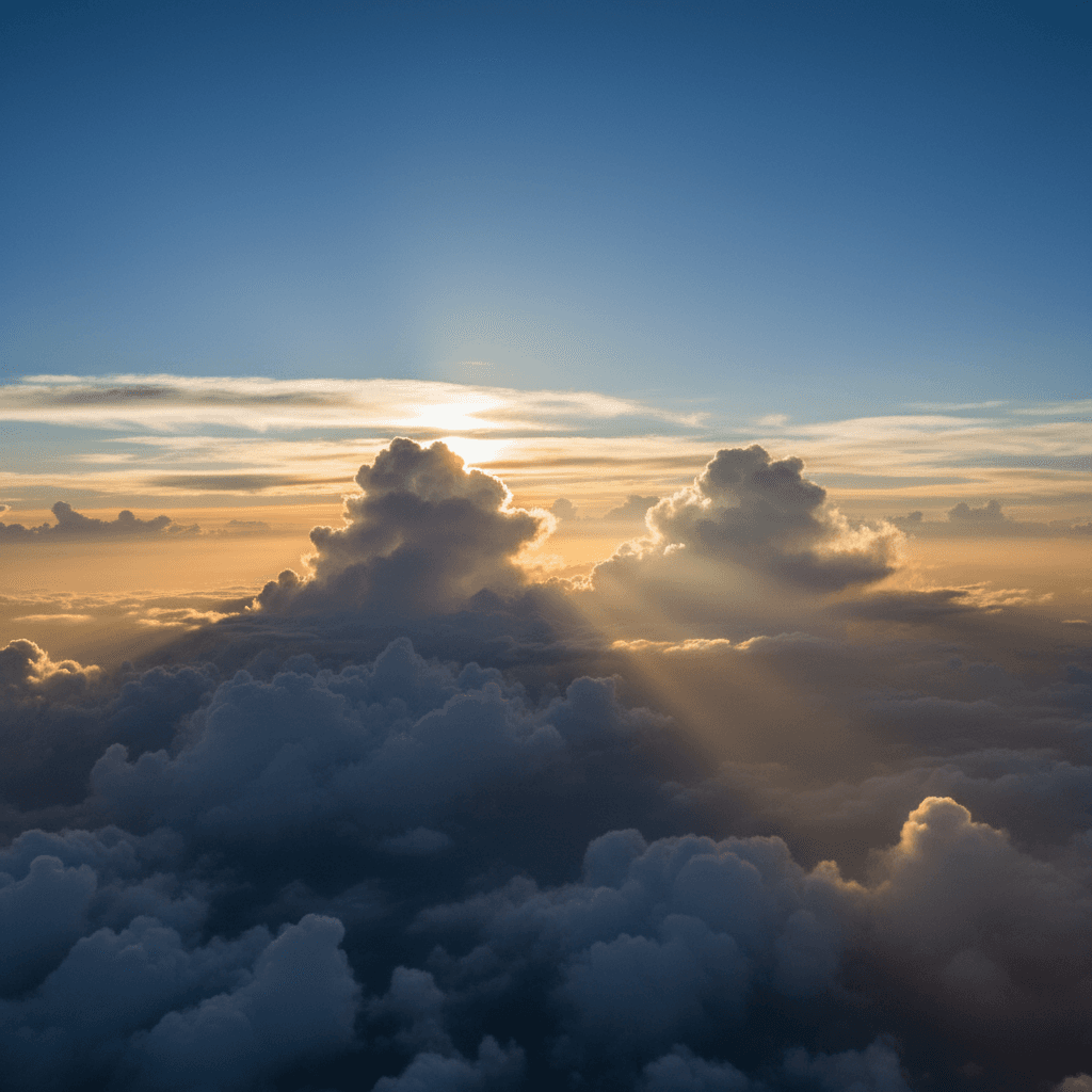 Dramatic high-altitude cloudscape with golden-hour light rays piercing white cumulus formations against deep blue sky.