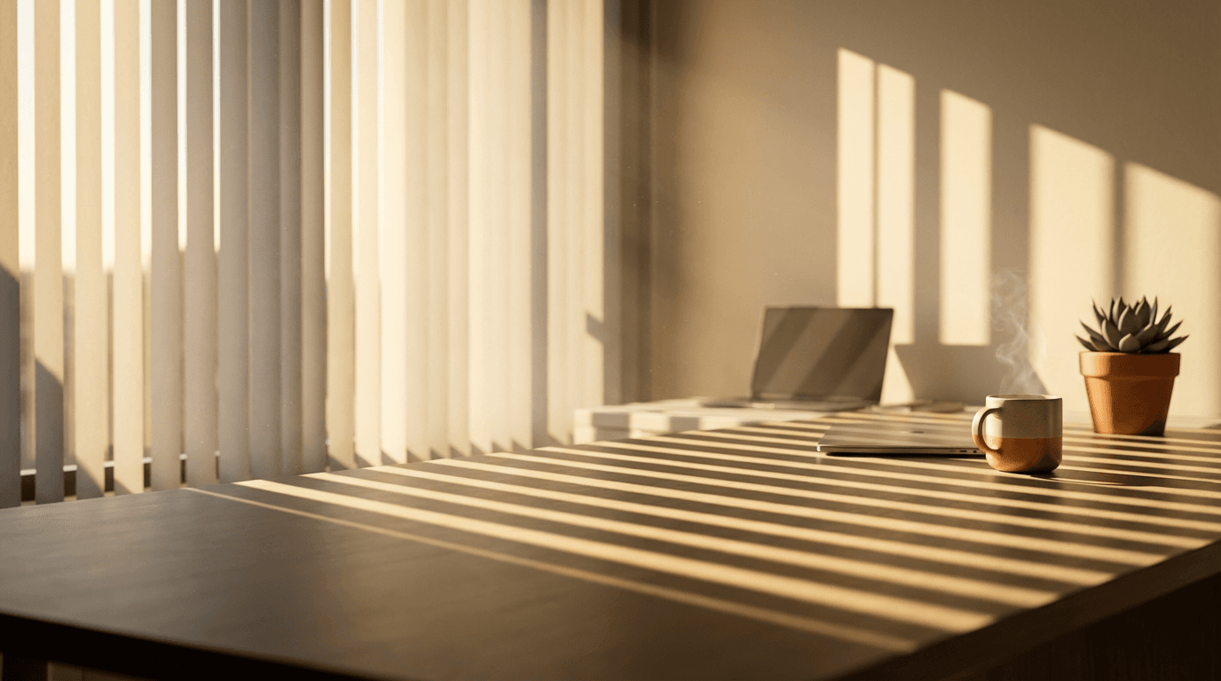 Sunlit minimalist desk setup with coffee cup, laptop, and plant, shadow patterns from window blinds creating geometric light play.
