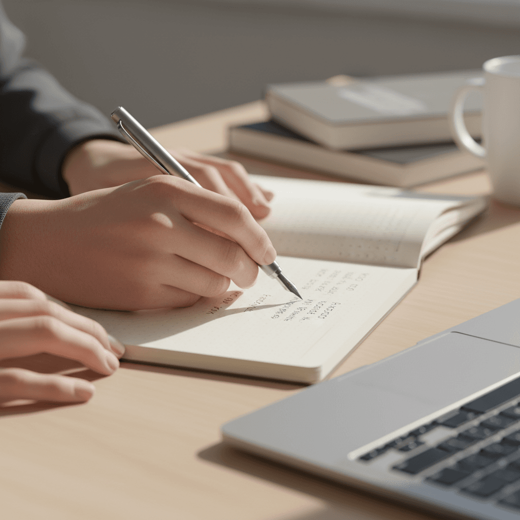 Close-up of student hands writing notes in notebook during focused academic study with laptop nearby