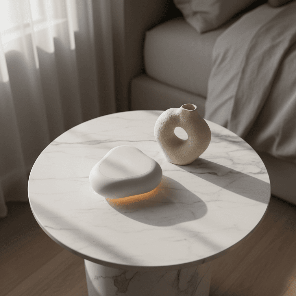 Overhead view of marble nightstand with wireless charging pad, sculptural light, and handcrafted vessel in minimalist bedroom